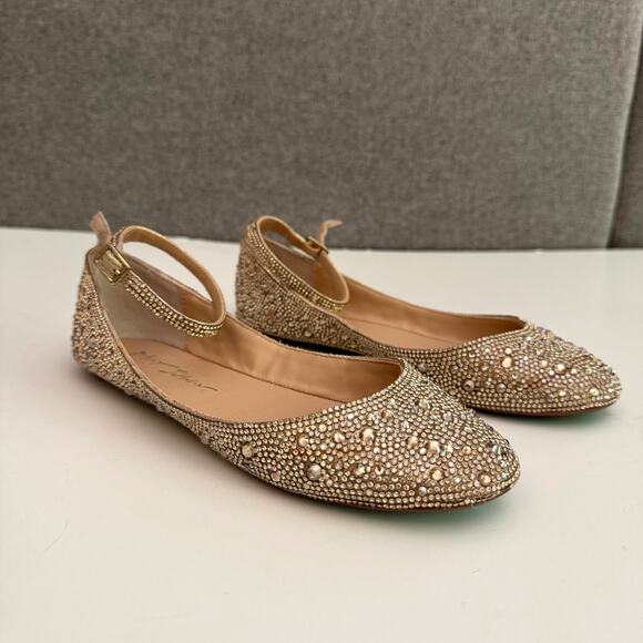 Betsy Johnson Shoes Women 6.5M Champaign Rhinestone Blue Joy Flat Strap Ankle - Picture 1 of 12